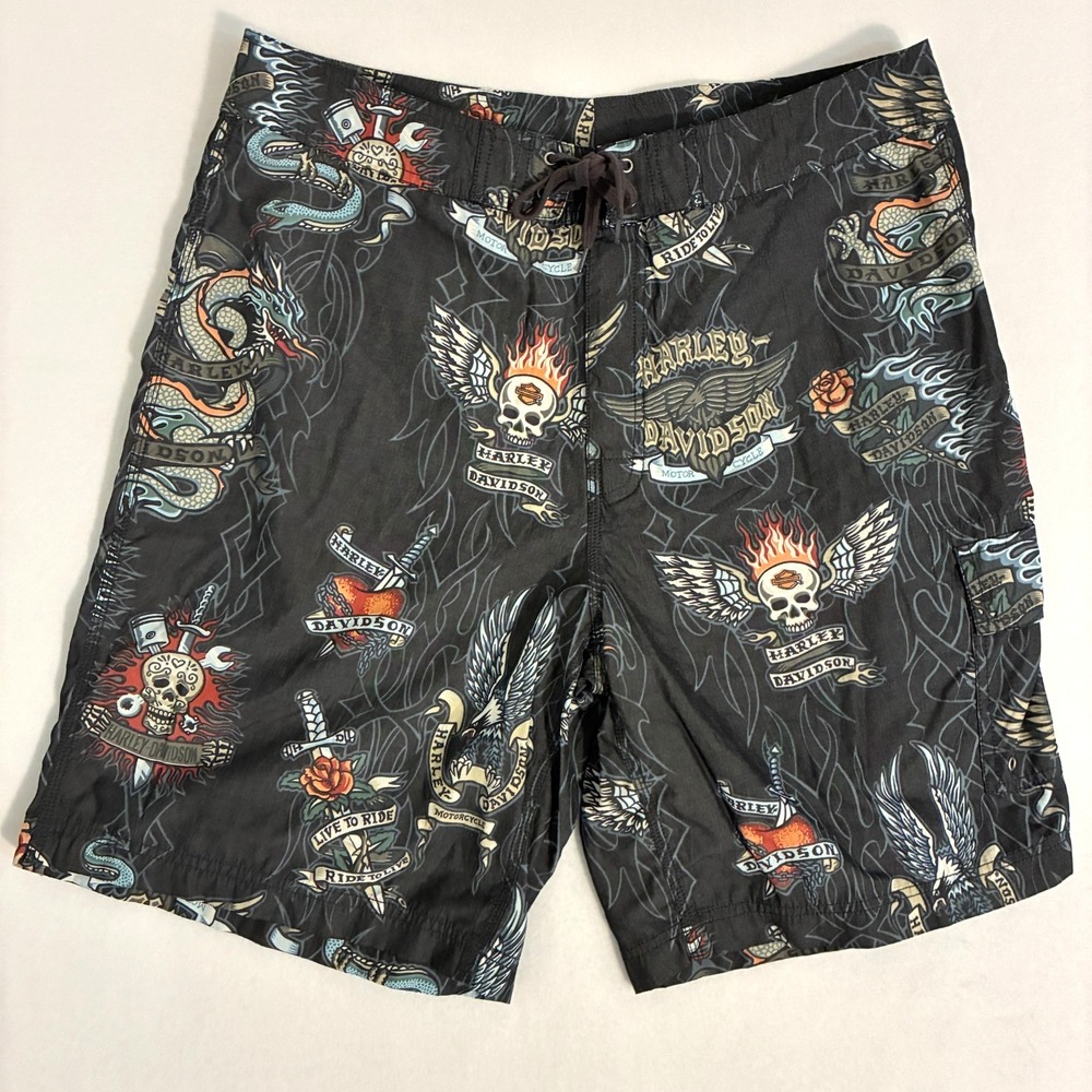 Harley Davidson Board Shorts Mens XL Biker Skulls Flames Tattoo Trunks AOP Hardy